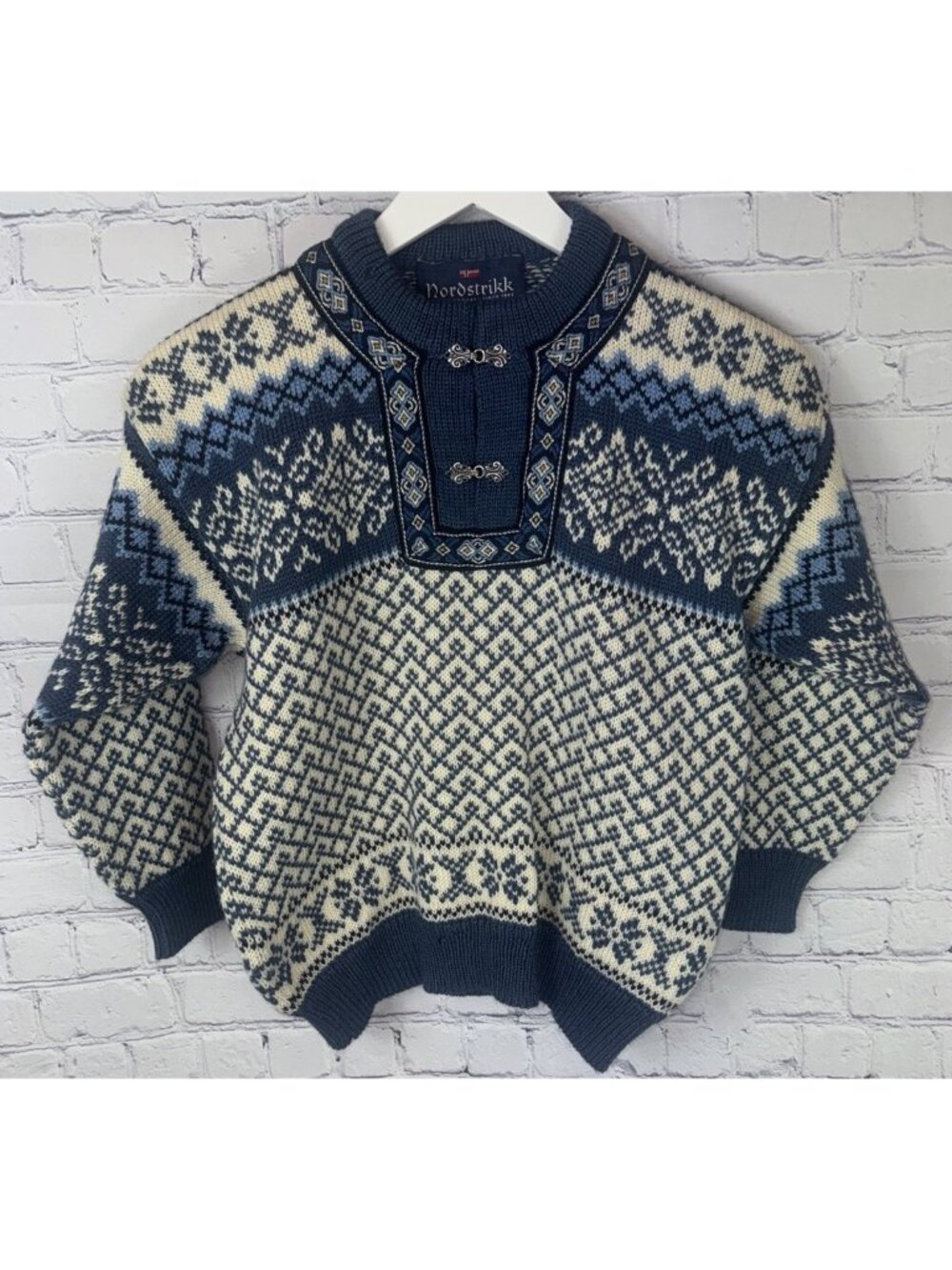 NORDSTRIKK Sweater Kids Size 8-10 Blue Wool Fair Isle Nordic Pullover Norway
